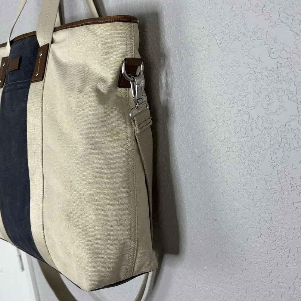 Coach Heritage Web Tote Bag Canvas Leather 16 x 16 Navy Blue Beige